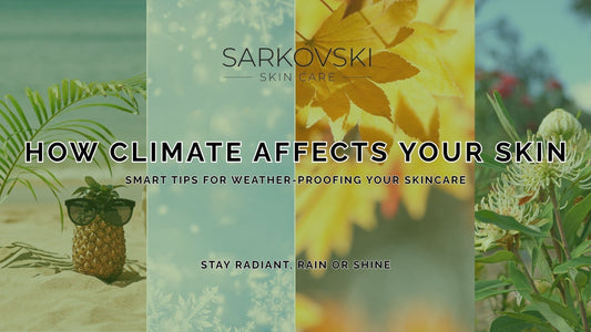Banner showing four seasonal scenes—beach, snow, autumn leaves, and flowers—promoting SARKOVSKI® skincare tips for adapting to different climates and staying radiant all year.