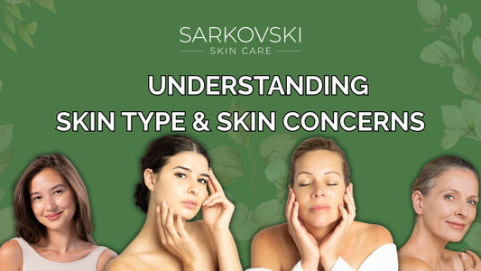 Banner for SARKOVSKI® blog titled "Understanding Skin Type & Skin Concerns" featuring four women of different ages with healthy, natural skin against a green background with subtle leaf designs.