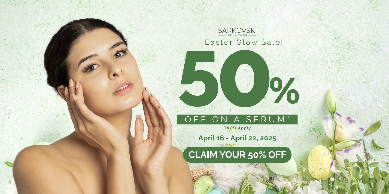 SARKOVSKI Skin Care Easter Glow Sale banner featuring a woman with glowing skin, promoting 50% off on a serum from April 16 to April 22, 2025. Includes Easter-themed floral and egg decorations and a "Claim Your 50% Off" button
