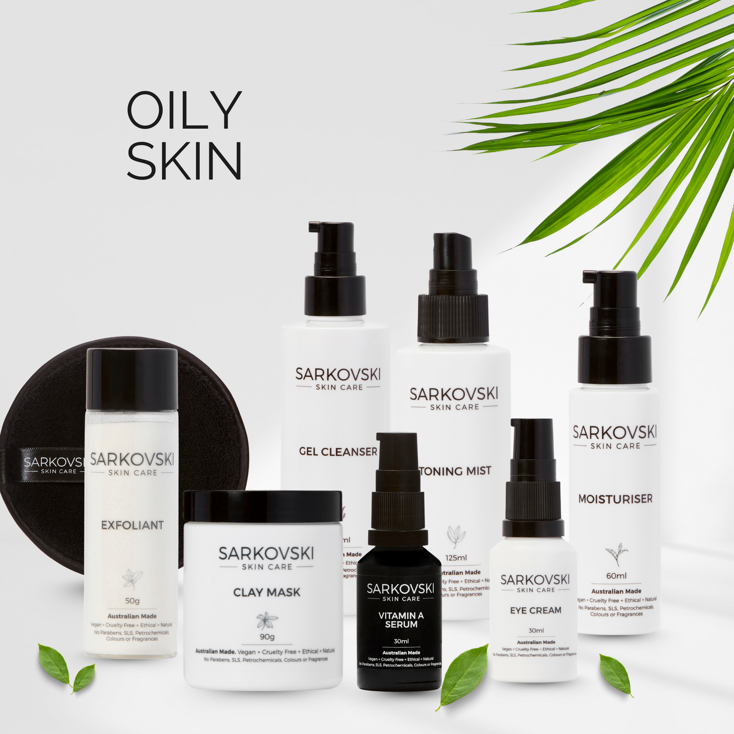 SARKOVSKI® Oily Skin Collection – natural Australian skincare with gel cleansers, moisturiser, clay mask, exfoliant, and vitamin A serum.