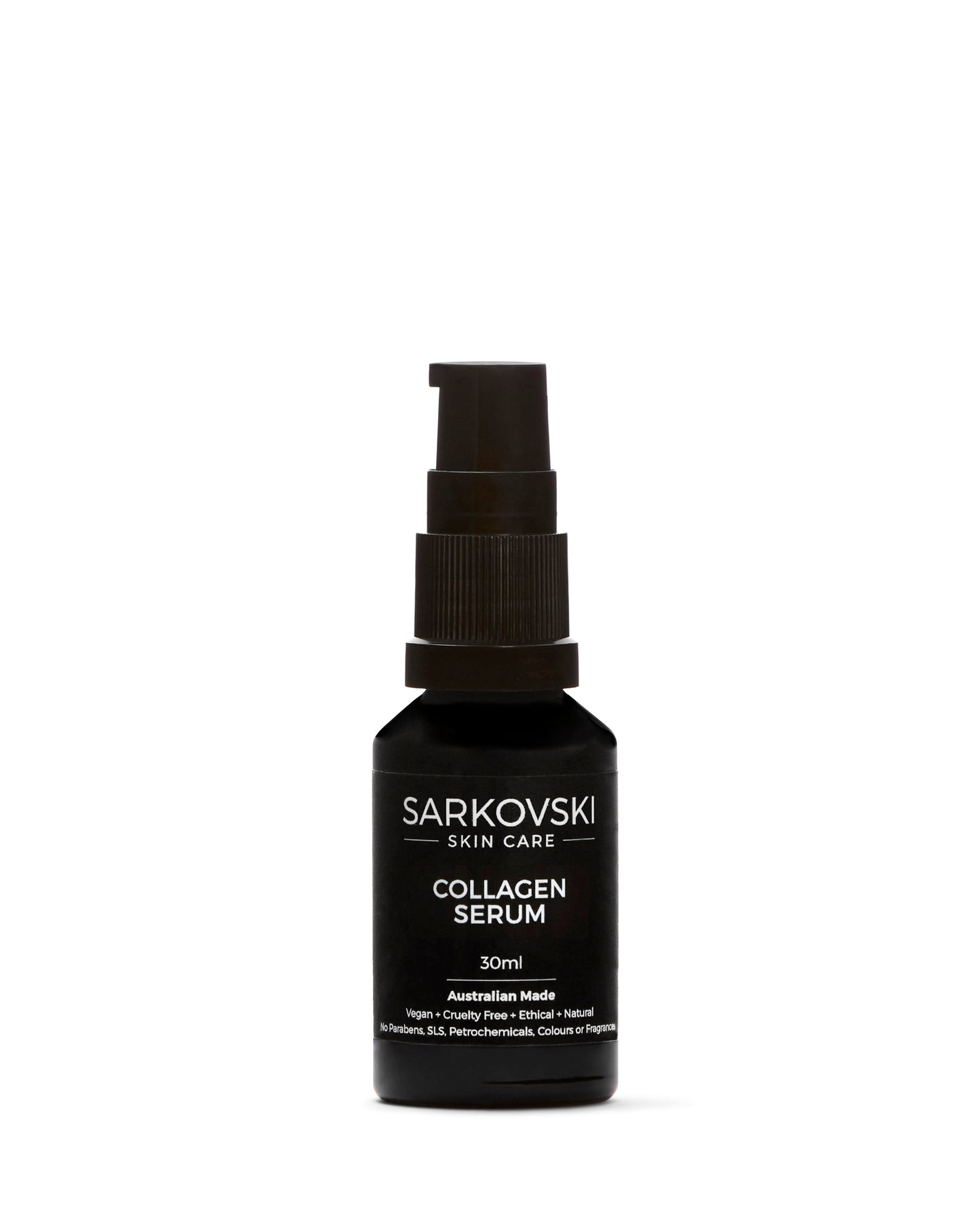 SARKOVSKI® Skin Care Collagen Serum bottle with a sleek design in a black pump bottle - designed to boost collagen, hydrate deeply, and restore skin elasticity.