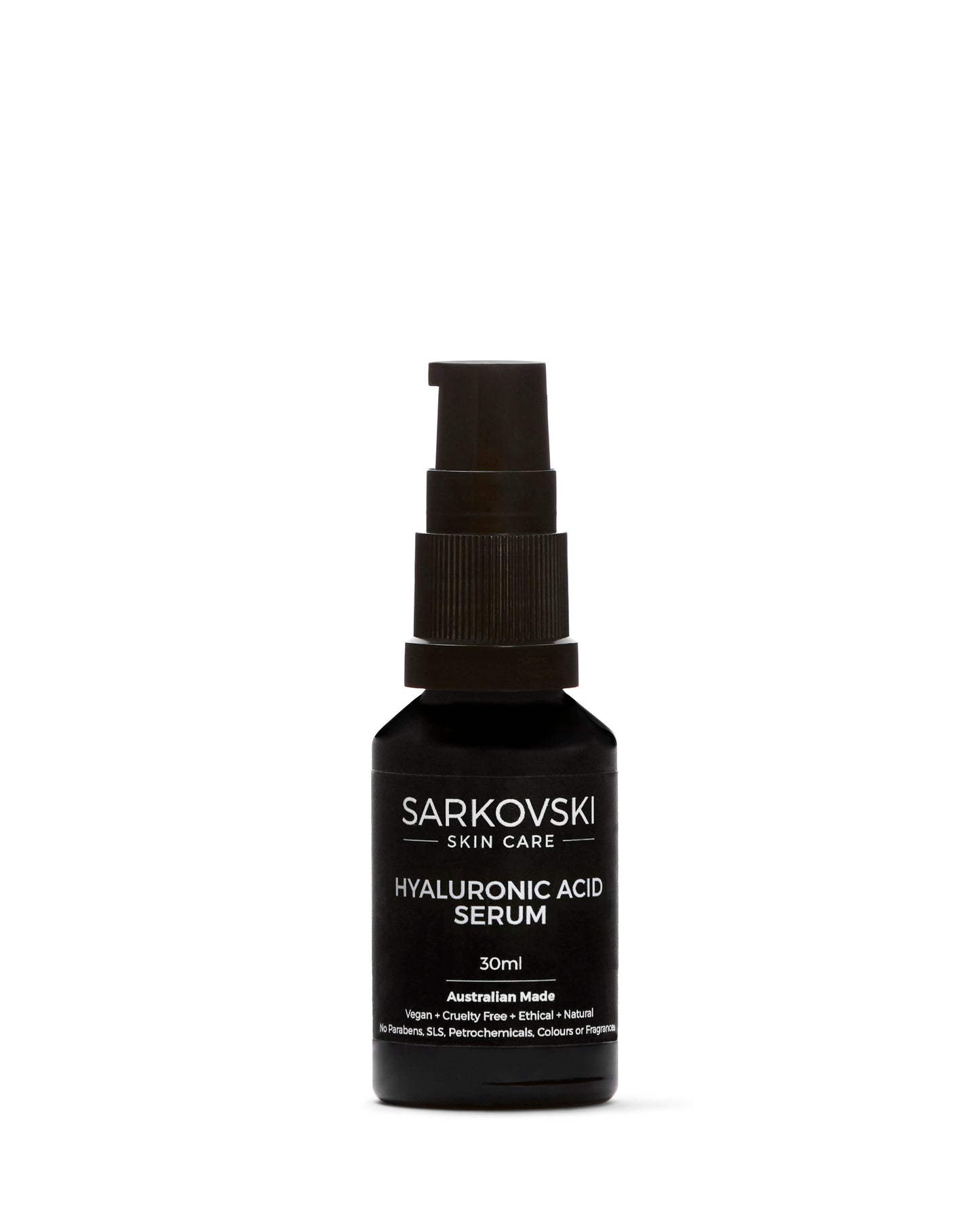 SARKOVSKI Skin Care Hyaluronic Acid Serum bottle with a sleek design in a black pump bottle.