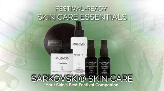 A promotional image for SARKOVSKI® Skin Care, featuring a festival-ready skincare essentials bundle, including a clay mask, toning mist, and serums, set against a soft green background with musical notes.