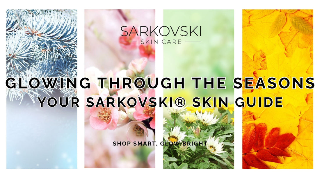 Sarkovski Skin Care banner with seasonal imagery—winter, spring, summer, fall—and bold text: “Glowing Through the Seasons. Your Sarkovski® Skin Guide."
