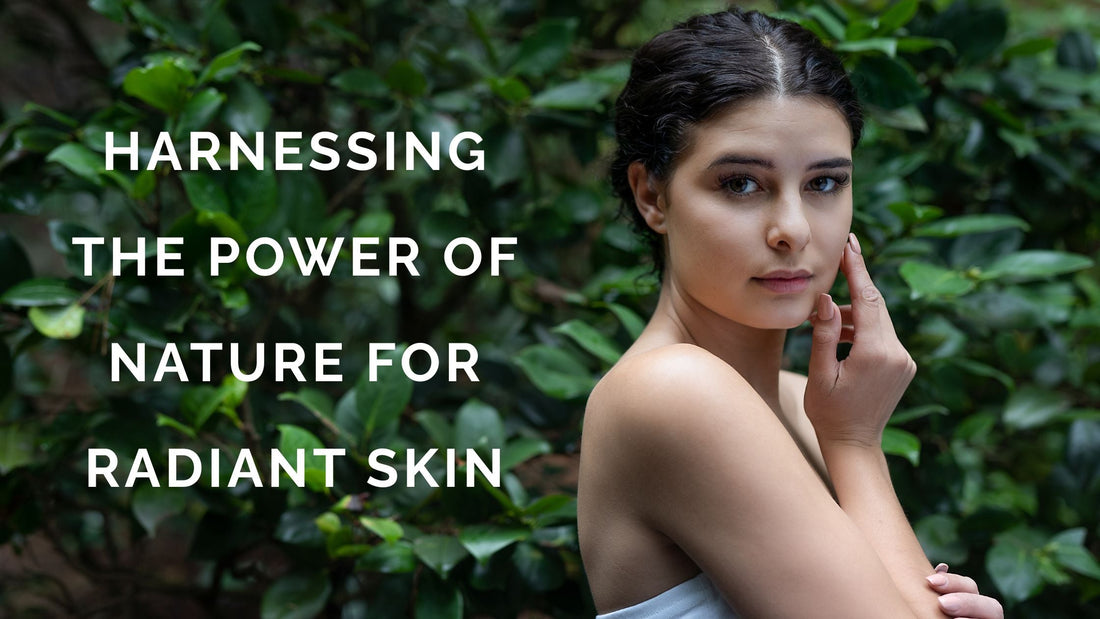 A woman with radiant, healthy skin gently touching her face amidst lush greenery, representing SARKOVSKI®'s natural skincare philosophy.
