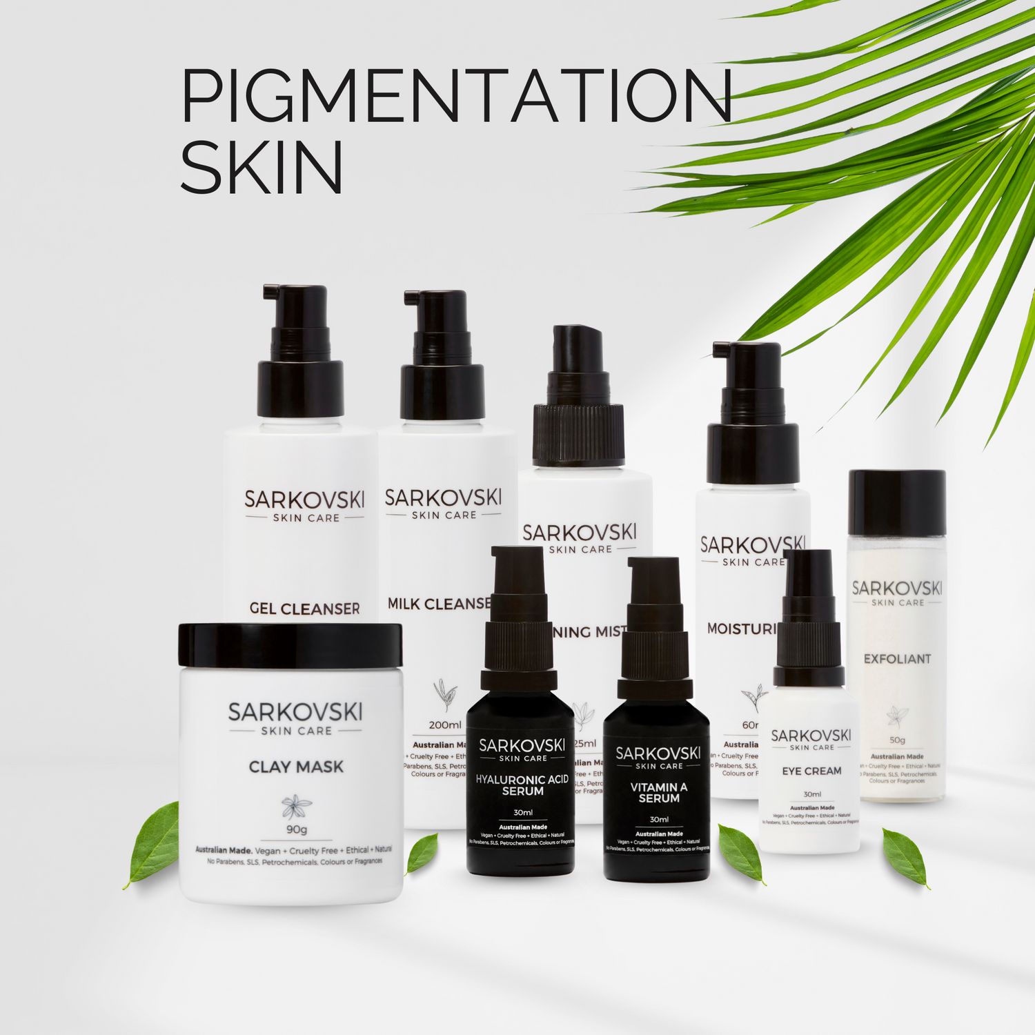 SARKOVSKI® Pigmentation Skin Collection– natural Australian skincare set with milk and gel cleansers, exfoliant, serums,  toning mist, moisturiser, and eye cream.