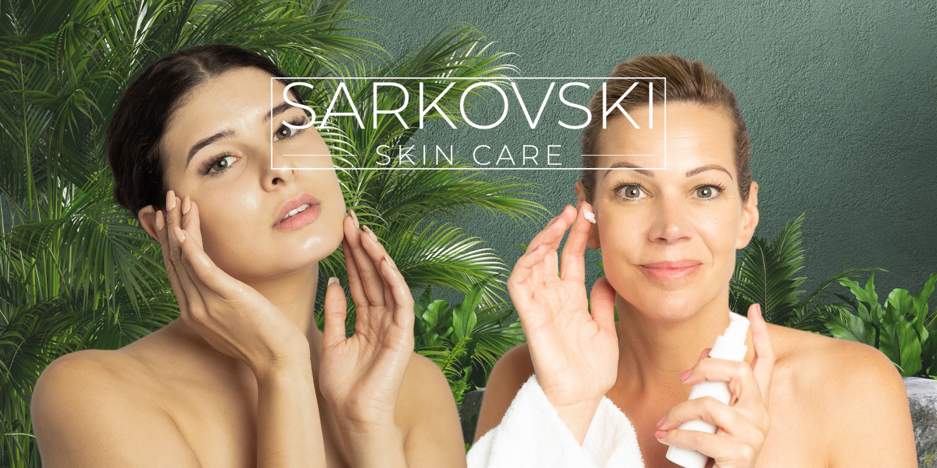 Two women showcasing radiant skin while applying SARKOVSKI® Skin Care products, surrounded by lush green tropical plants.