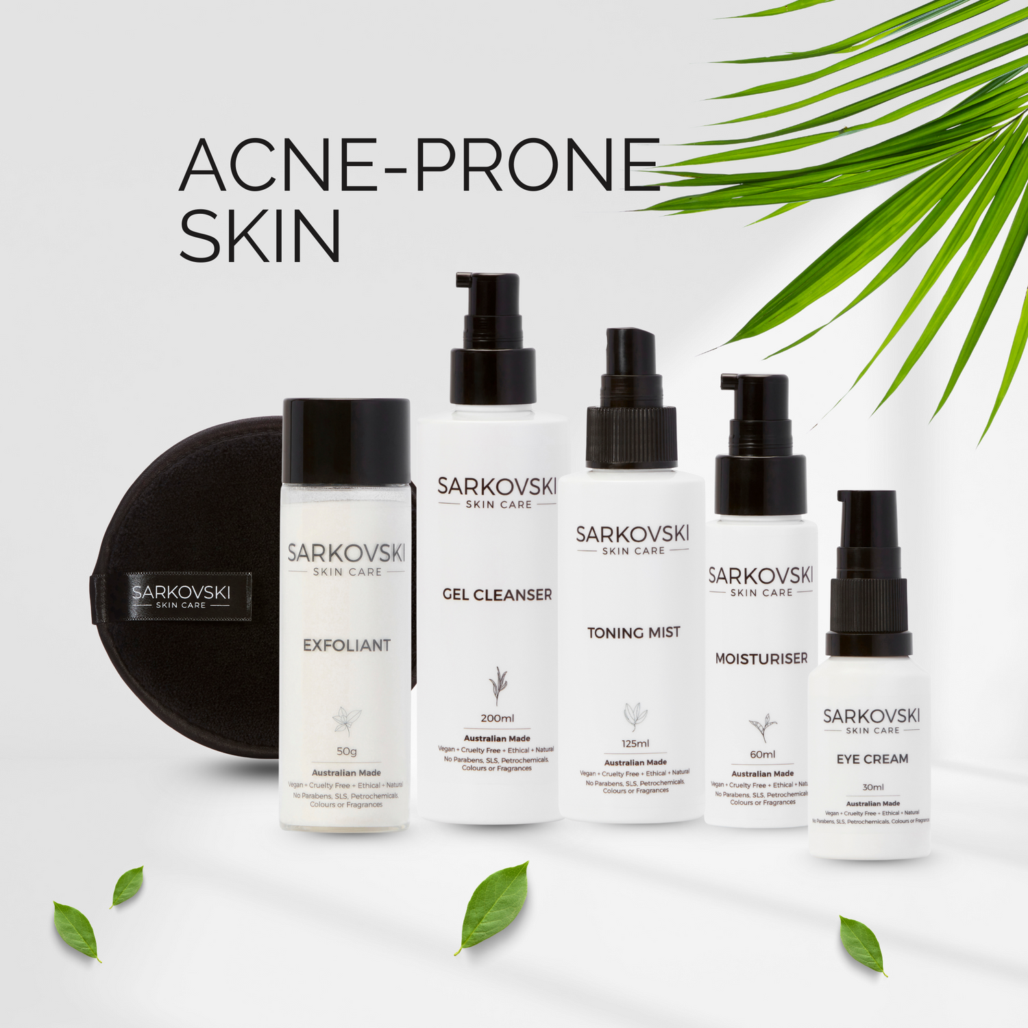 SARKOVSKI® Acne-Prone Skin Collection – natural Australian skincare set with gel cleanser, exfoliant, toning mist, moisturiser, and eye cream.