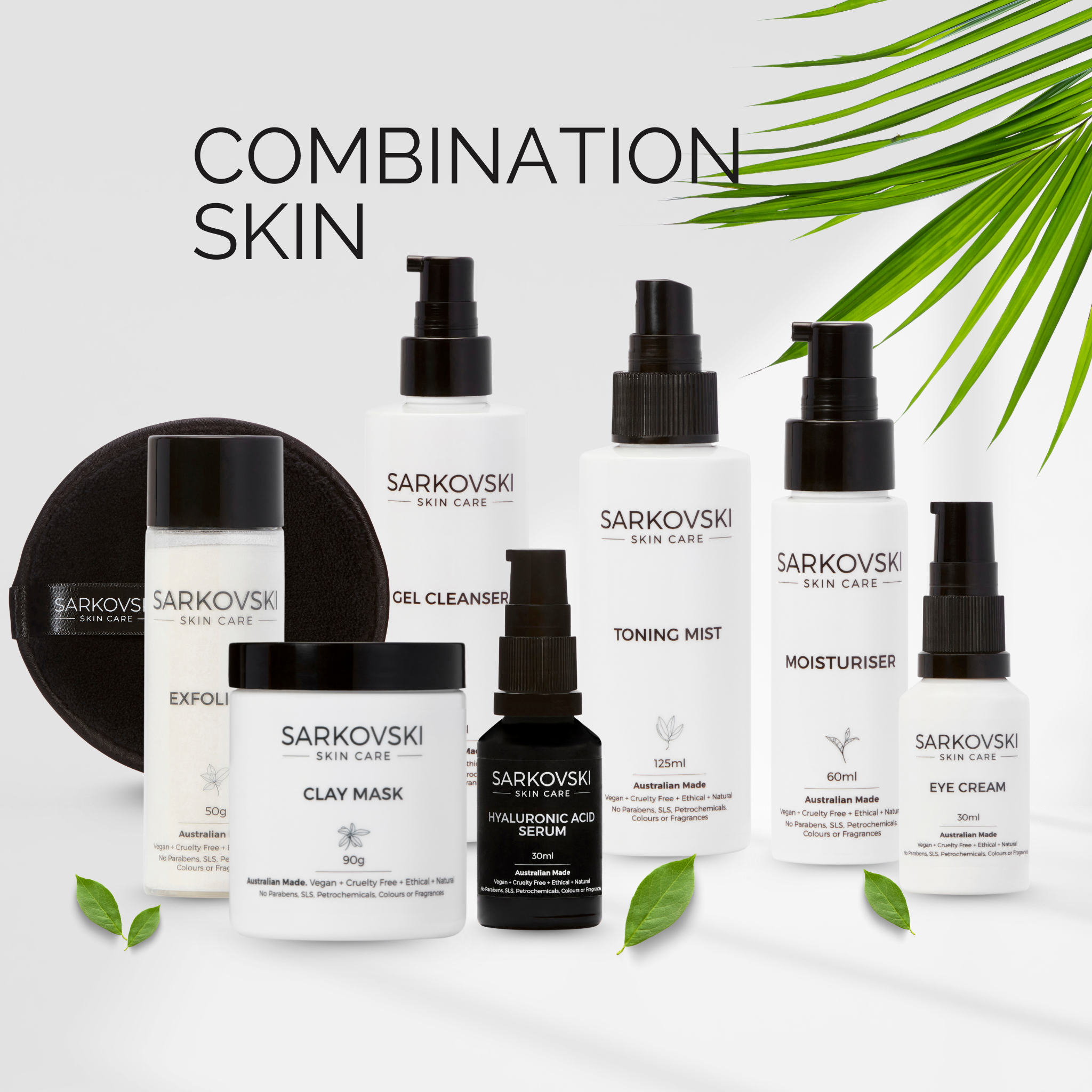 SARKOVSKI® Combination Skin Collection featuring Exfoliant, Clay Mask, Gel Cleanser, Toning Mist, Hyaluronic Acid Serum, Moisturiser, and Eye Cream displayed with fresh green leaves.