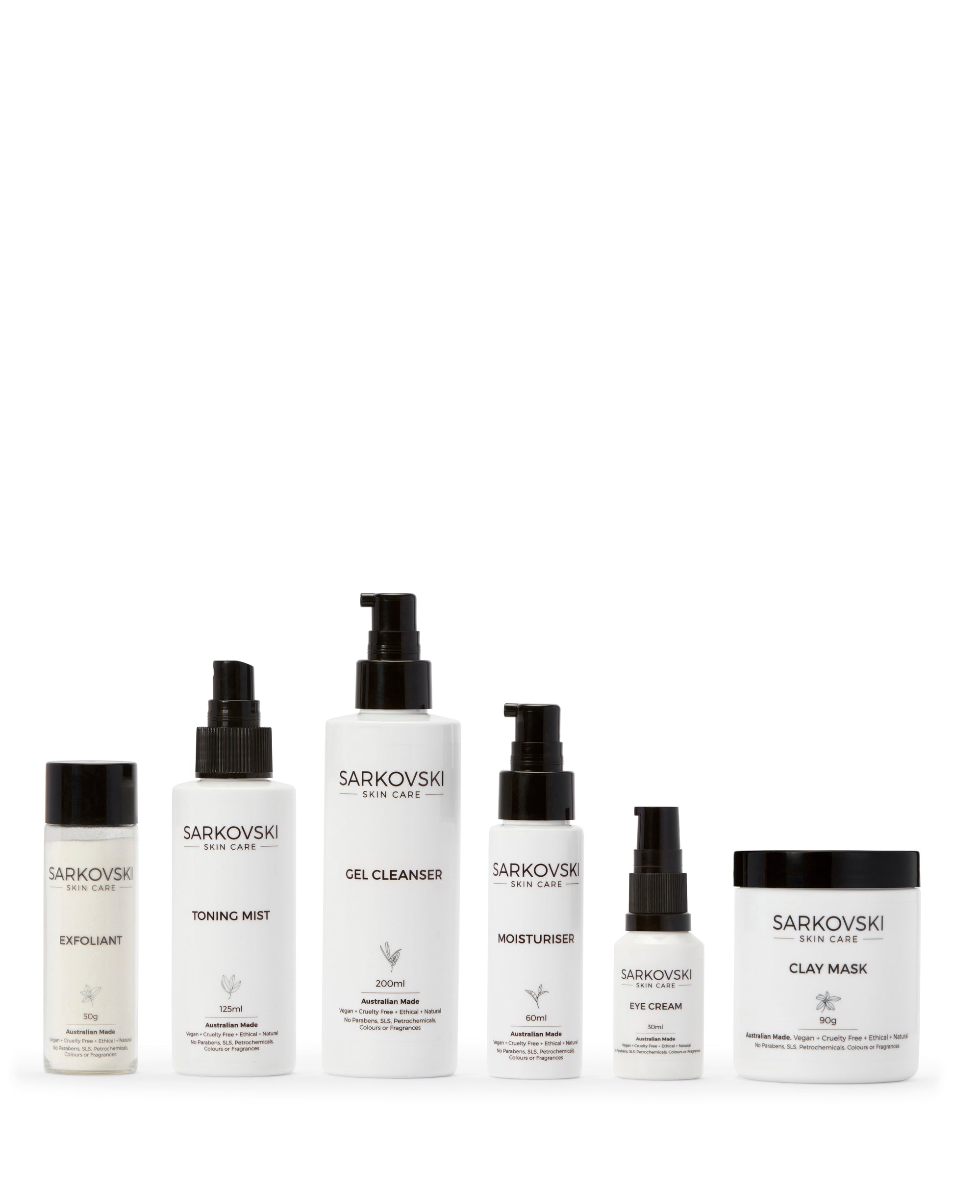 SARKOVSKI® Complete Care Gel Bundle – Best Australian Natural Skincare Set with one bottle of SARKOVSKI Clay Mask, SARKOVSKI Eye Cream, SARKOVSKI Moisturiser, SARKOVSKI Gel Cleanser, SARKOVSKI Toning Mist and SARKOVSKI Exfoliant