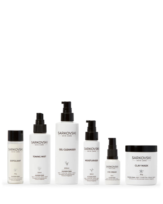 SARKOVSKI® Complete Care Gel Bundle – Best Australian Natural Skincare Set with one bottle of SARKOVSKI Clay Mask, SARKOVSKI Eye Cream, SARKOVSKI Moisturiser, SARKOVSKI Gel Cleanser, SARKOVSKI Toning Mist and SARKOVSKI Exfoliant