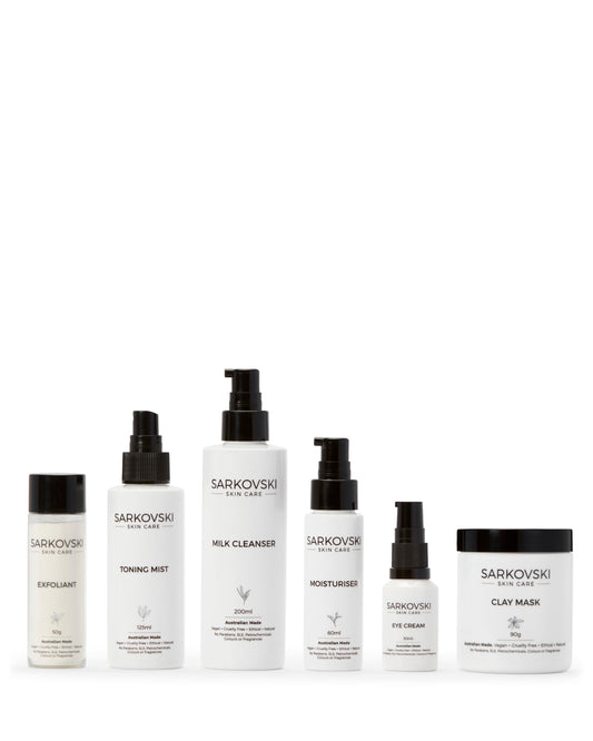 SARKOVSKI® Complete Care Gel Bundle – Best Australian Natural Skincare Set with one bottle of SARKOVSKI Clay Mask, SARKOVSKI Eye Cream, SARKOVSKI Moisturiser, SARKOVSKI Milk Cleanser, SARKOVSKI Toning Mist and SARKOVSKI Exfoliant