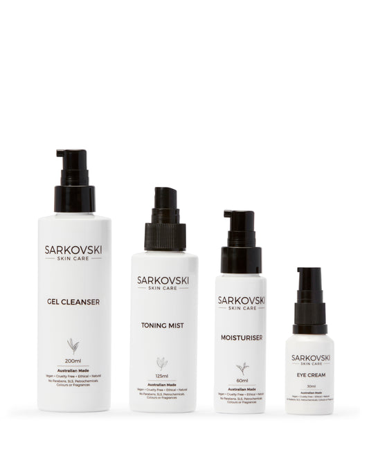 SARKOVSKI® Essentials Gel Cleanser Bundle – natural Australian skincare set with gel cleanser, toning mist, moisturiser, and eye cream.