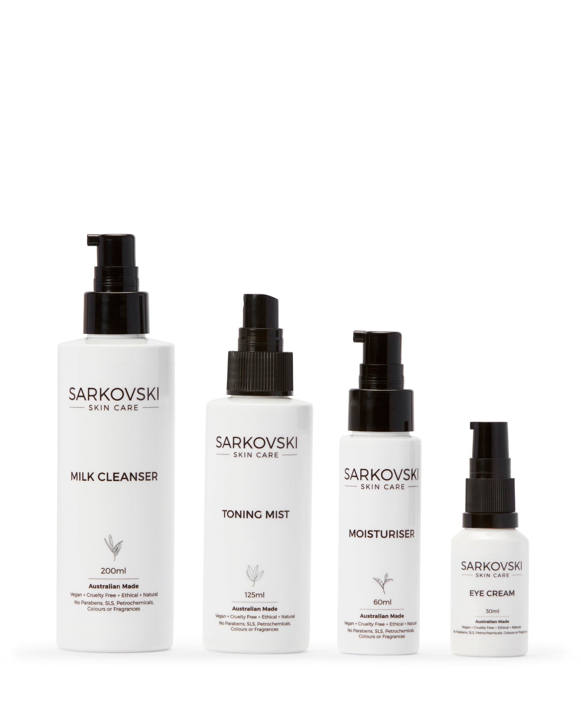 SARKOVSKI® Essentials Milk Bundle –skincare products designed to cleanse, hydrate, and revitalise. Perfect for all skin types. Best Australian Natural Skincare Set with one bottle of SARKOVSKI Milk Cleanser, SARKOVSKI  Toning Mist, SARKOVSKI Moisturiser and SARKOVSKI Eye Cream.