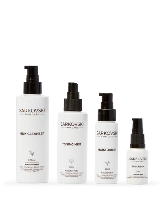 SARKOVSKI® Essentials Milk Bundle –skincare products designed to cleanse, hydrate, and revitalise. Perfect for all skin types. Best Australian Natural Skincare Set with one bottle of SARKOVSKI Milk Cleanser, SARKOVSKI  Toning Mist, SARKOVSKI Moisturiser and SARKOVSKI Eye Cream.