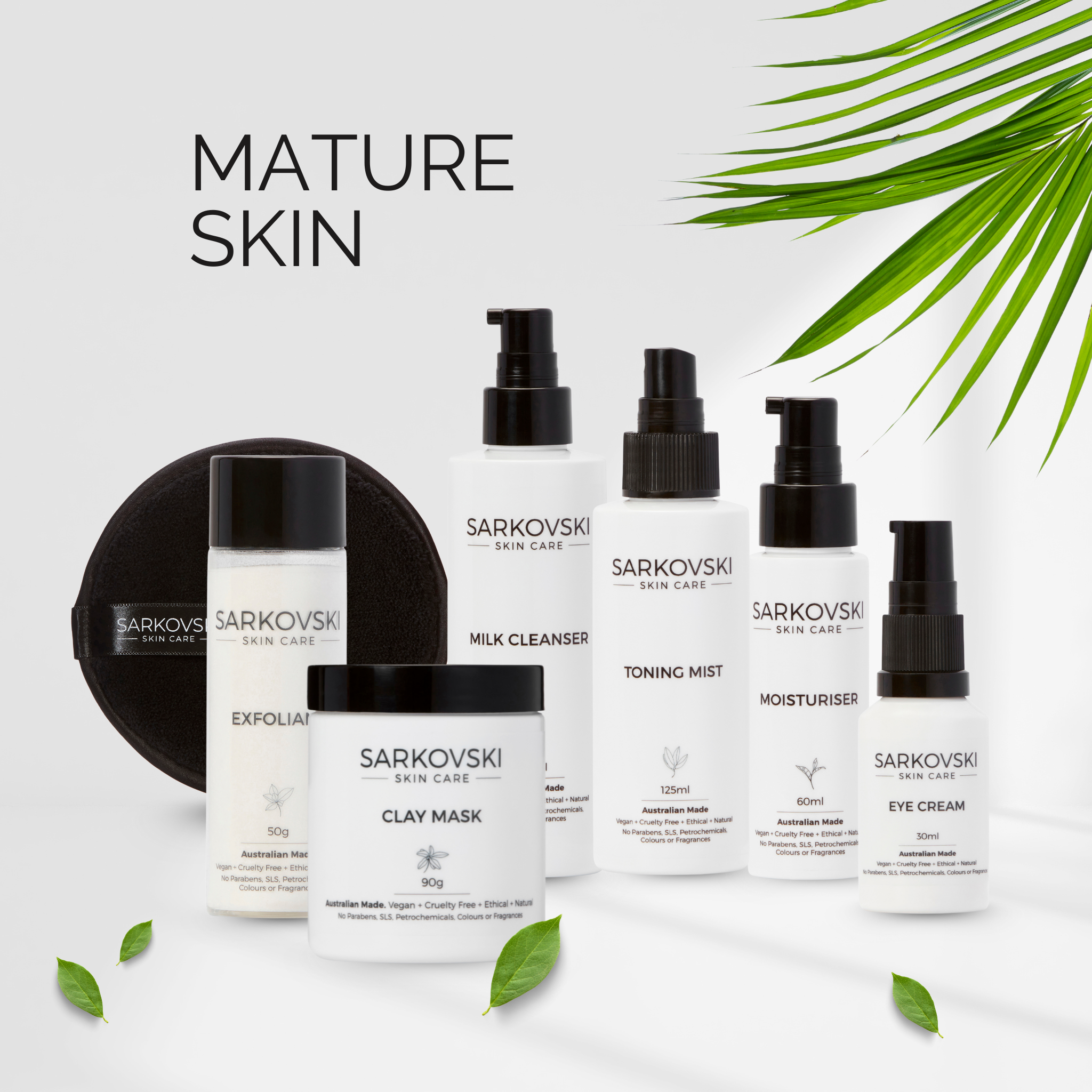 SARKOVSKI® Mature Skin Care Collection– natural Australian skincare with milk cleansers, moisturisers, serums, and face masks.