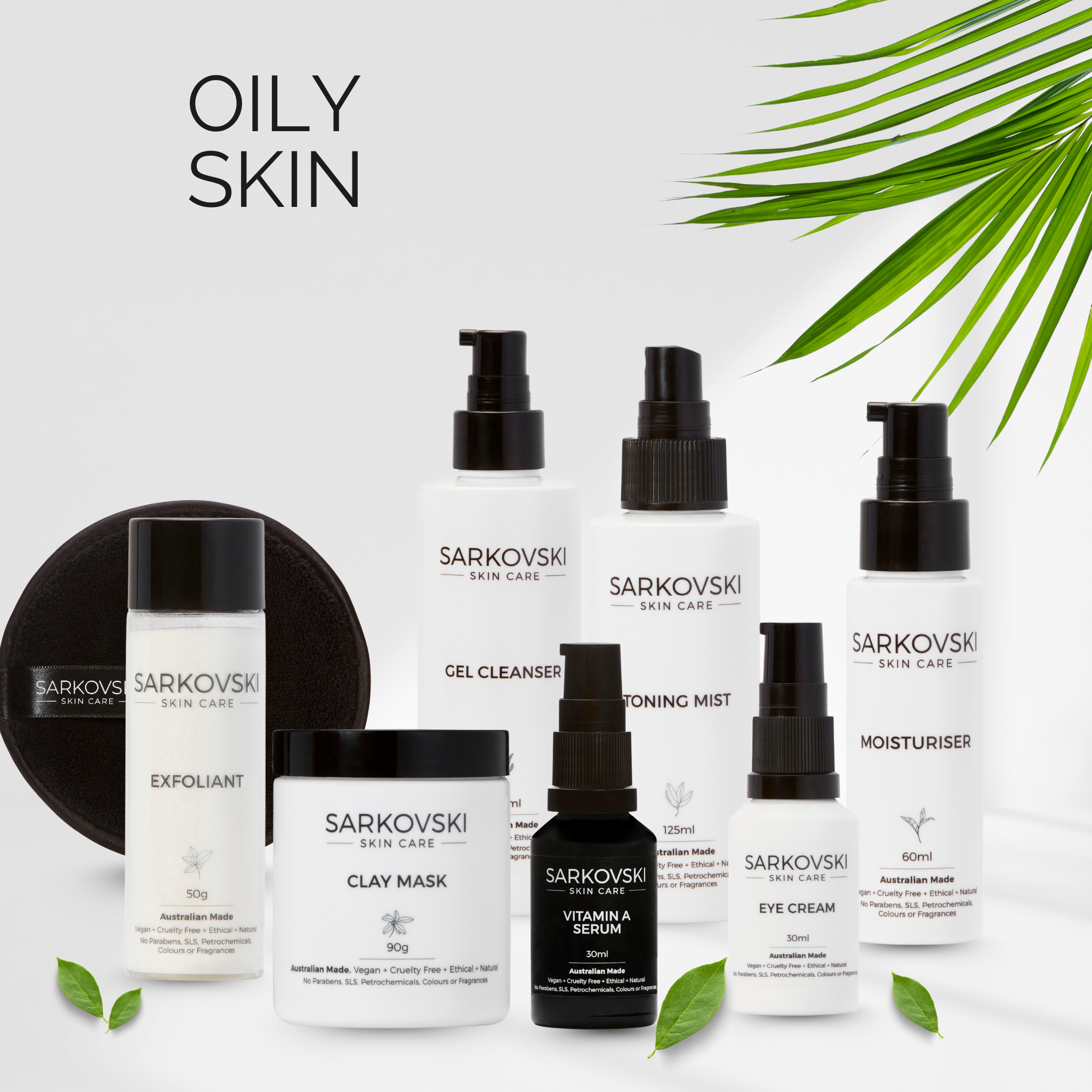 SARKOVSKI® Oily Skin Collection – natural Australian skincare with gel cleansers, moisturiser, clay mask, exfoliant, and vitamin A serum.