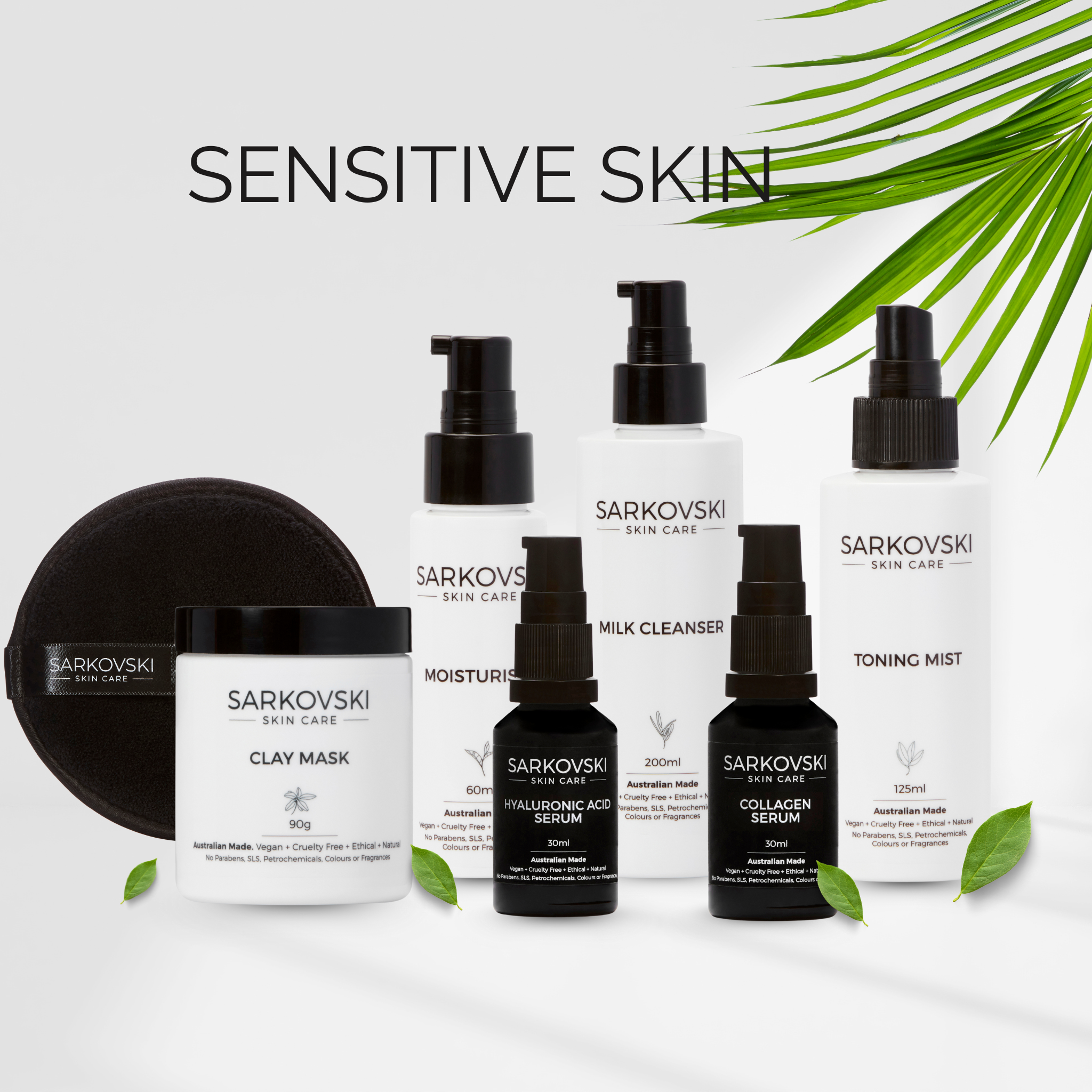 SARKOVSKI® Sensitive Skin Collection – natural Australian skincare featuring milk cleanser, toning mist, collagen serum, and moisturiser for gentle hydration and calm.