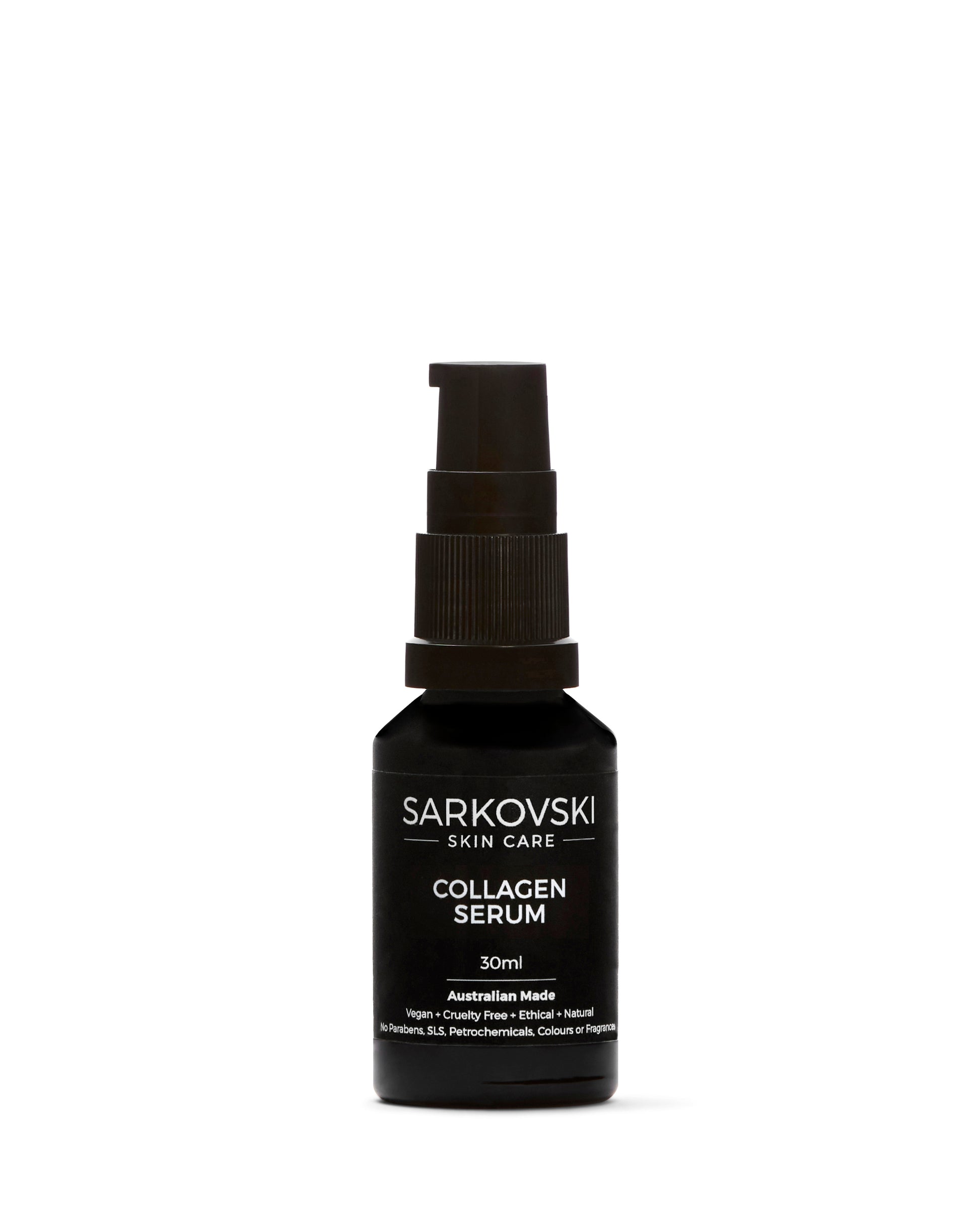 SARKOVSKI® Skin Care Collagen Serum bottle with a sleek design in a black pump bottle - designed to boost collagen, hydrate deeply, and restore skin elasticity.