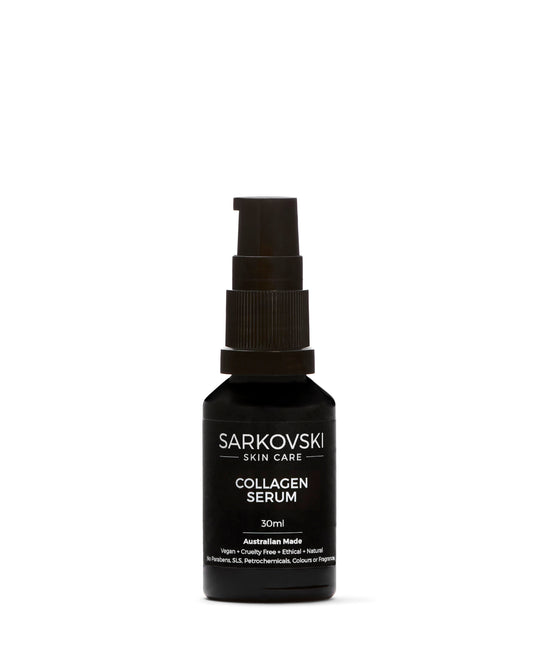 SARKOVSKI® Skin Care Collagen Serum bottle with a sleek design in a black pump bottle - designed to boost collagen, hydrate deeply, and restore skin elasticity.