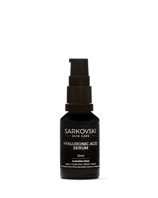 SARKOVSKI Skin Care Hyaluronic Acid Serum bottle with a sleek design in a black pump bottle. 