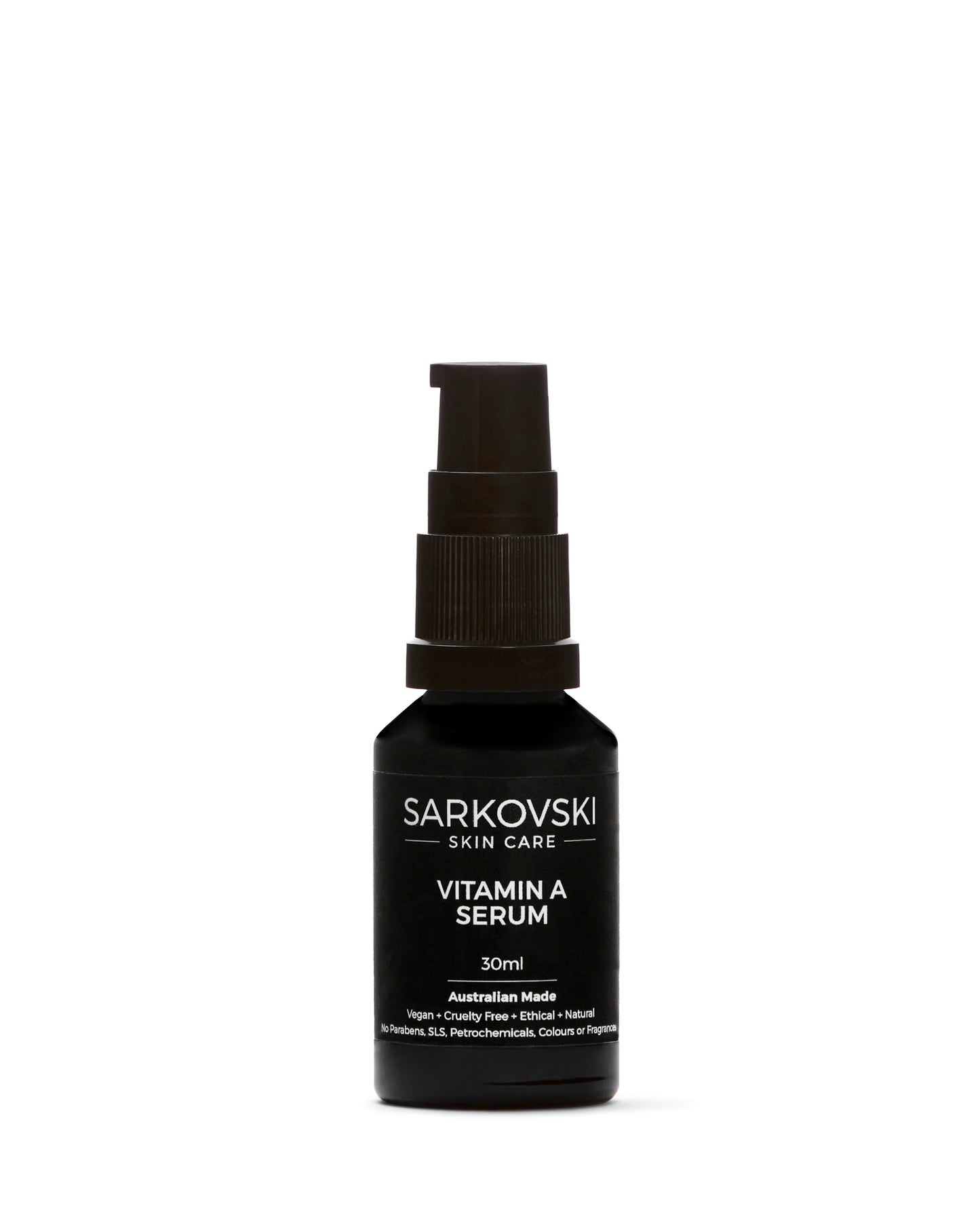 SARKOVSKI® Vitamin A Serum 30mL – natural Australian skincare, a potent, plant-based formula designed to combat sun damage, acne, and signs of premature aging. 